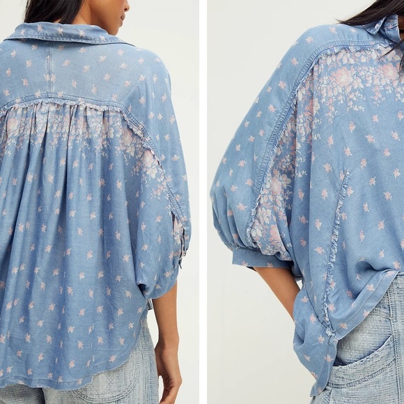 NWT - Free People - Joelle Printed Button Top - Chambray Combo - Picture 2 of 12